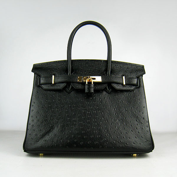 Replica Hermes Birkin 30CM Ostrich Veins Handbag Black 6088 On Sale - Click Image to Close